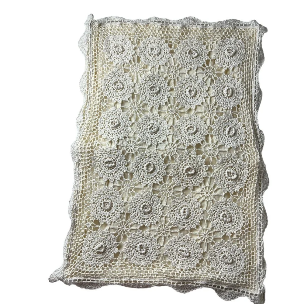Vtg Crochet Linen Lace Standard Pillow Sham Beige Tan Shabby Cottagecore Chic